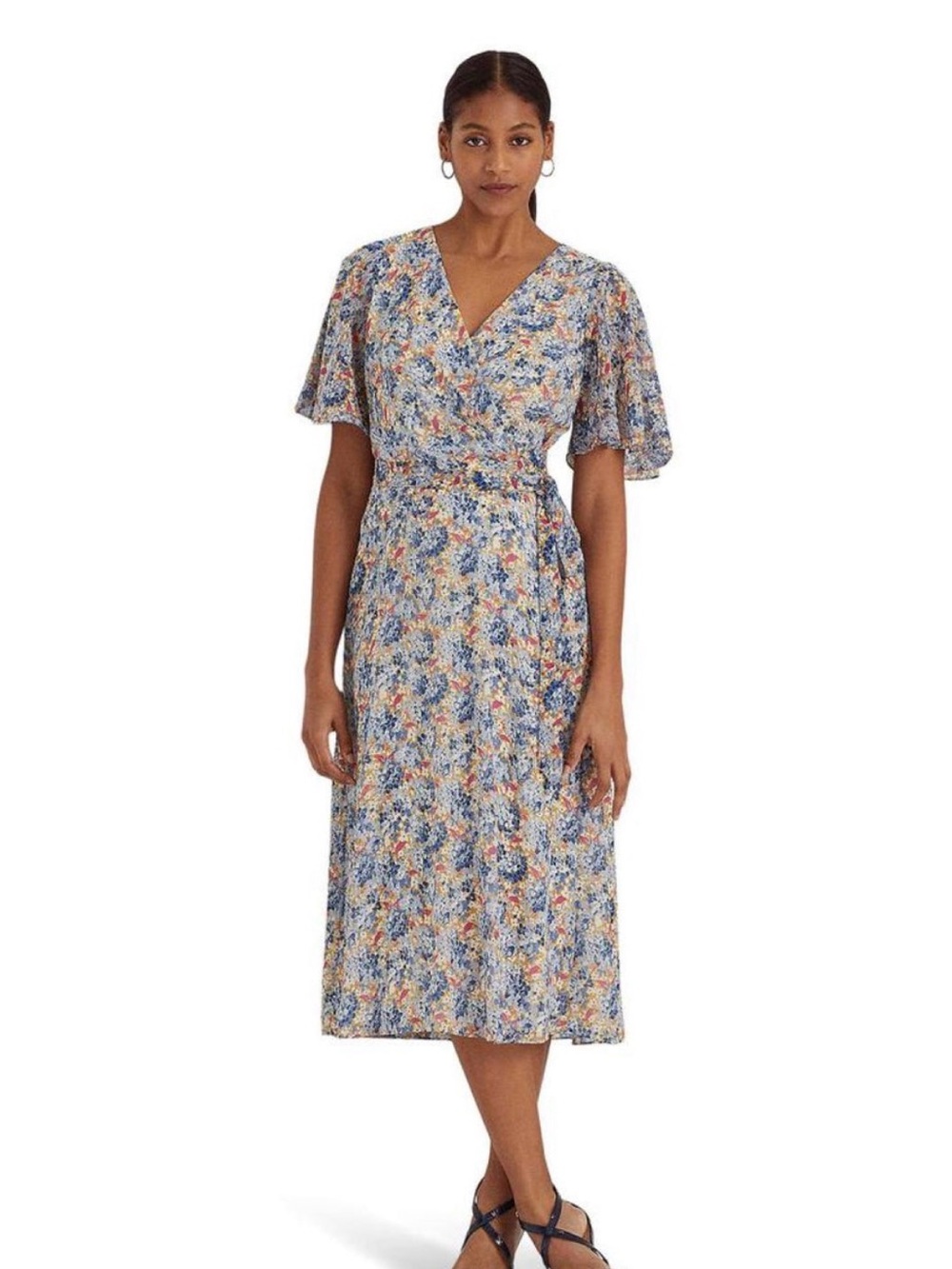 NWT Lauren Ralph Lauren Blue Floral Faux-Wrap Midi Dress (Orig $145)